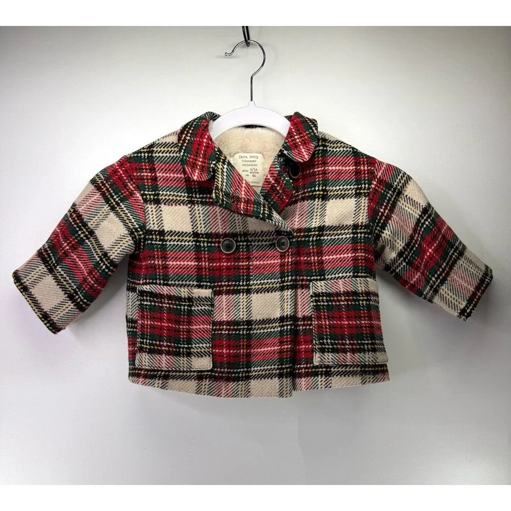 Zara Baby Red Plaid Button Front Pea Coat 9/12 months